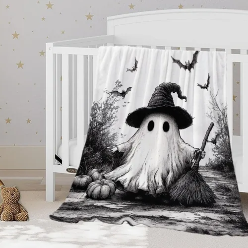 Miniatura 23 de YeeJu Manta de Halloween pequeña de fantasma espeluznante negro, manta de Halloween para bebé, manta acogedora suave y ligera de felpa de forro