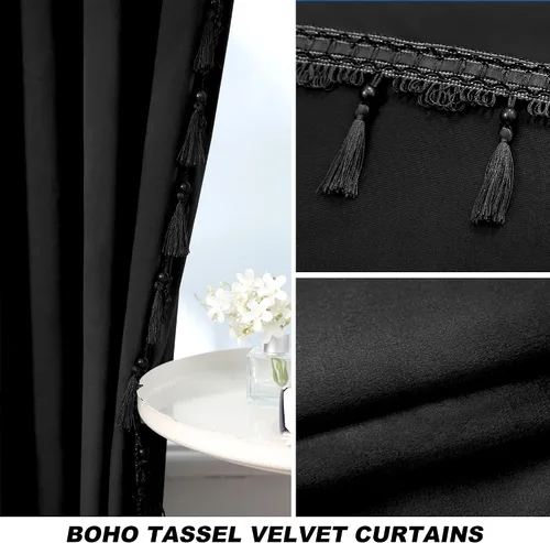 Miniatura 4 de Fazhesici Cortinas opacas de terciopelo negro de 63 pulgadas de largo para ventanas, cortinas con bolsillo para barra con borlas, cortinas térmicas