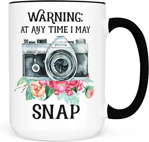 Taza divertida para fotógrafos – Warning I May Snap Camera Gift – Taza de café de fotografía para amantes de la fotografía o aficionados – 11 oz o