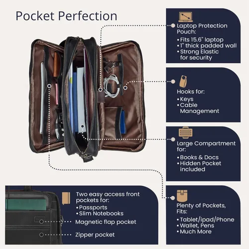 Miniatura 2 de Luxorro Maletín de cuero de grano completo para hombre, opción preferida de regalos para hombres, bolso de cuero artesanal para laptop con múltiples