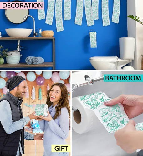 Miniatura 5 de Printed TP Papel higiénico de 2 capas con patrón de sirena, rollo de papel higiénico de baño verde novedoso, divertido papel higiénico