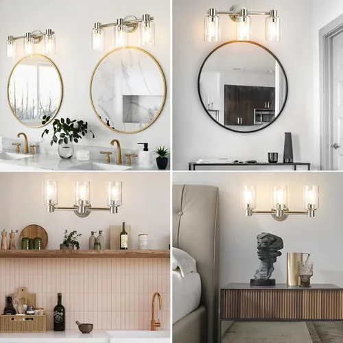 Miniatura 5 de Lámpara de pared de baño de 3 luces cromadas con luces de vidrio transparente sobre espejo, base E26 Cromo