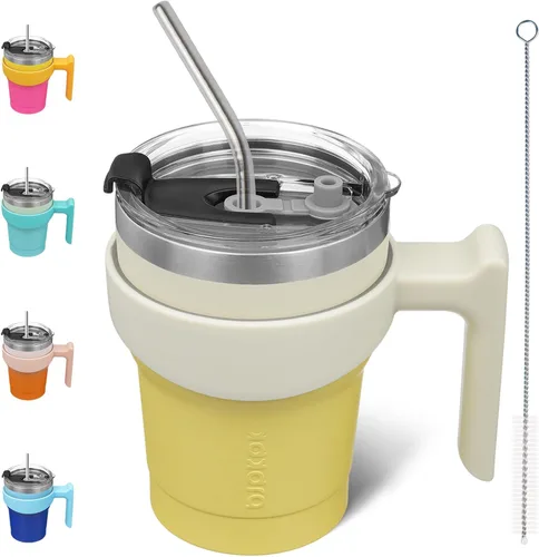 Miniatura 62 de BJPKPK Vaso con asa de acero inoxidable de 20 onzas, con aislamiento de doble pared, con tapa y pajita, color rosa claro A-rosa claro