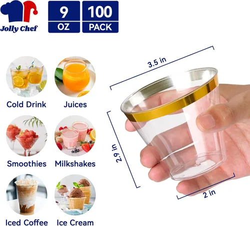 Miniatura 2 de JOLLY CHEF Paquete de 100 Vasos de Plástico Dorado, Tumblers de Plástico Transparente de 9 oz, Elegantes Vasos con Borde Dorado, Vasos Desechables