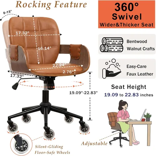 Miniatura 3 de Silla de escritorio de oficina en casa con ruedas giratorias, artesanía de nogal, respaldo y brazos curvos ergonómicos, piel sintética, altura