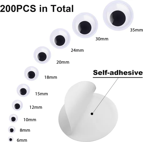 Miniatura 2 de 200 piezas de ojos que se mueven, FEBSNOW ojos pegajosos autoadhesivos negros y blancos de plástico en tamaños variados adhesivos para manualidades