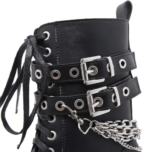 Miniatura 5 de Botas al tobillo para mujer, plataforma de tacón grueso, botas góticas de invierno, punta redonda, bloque atado en la mitad de la pantorrilla