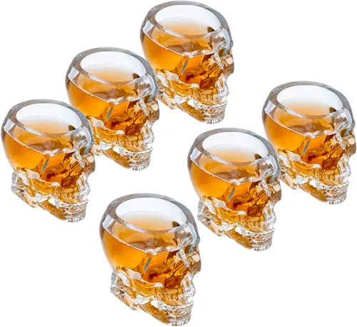 MyGift Juego de 6 vasos de chupito de calavera – Vaso de cristal transparente de 2.8 onzas para fiestas de Halloween, bares de cóctel y decoración