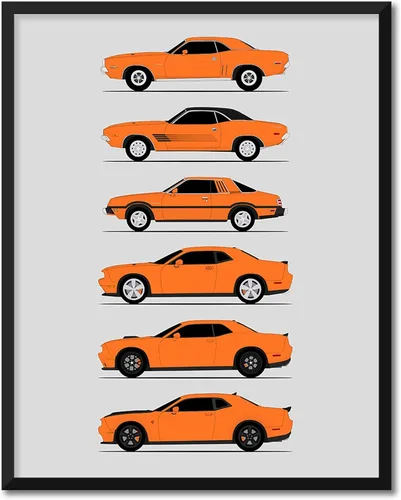 Miniatura 14 de Custom Car Posters Póster hecho a mano compatible con Dodge Challenger Generations e impresión de Challenger SRT, multicolor, impresión metálica