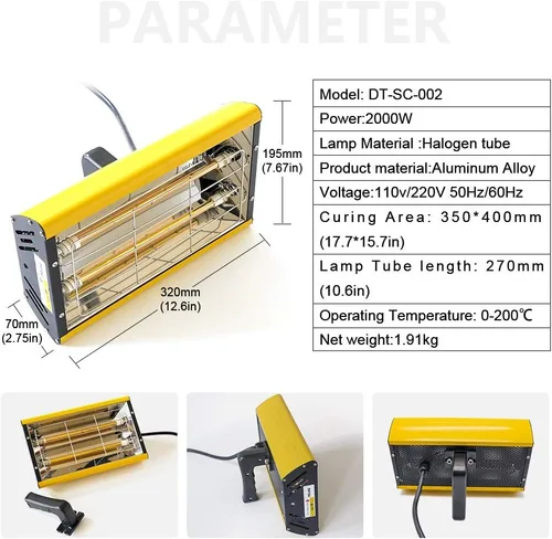 Miniatura 3 de DATOUBOSS Lámpara infrarroja para hornear pintura 2000w secador de secado de onda corta lámpara con soporte