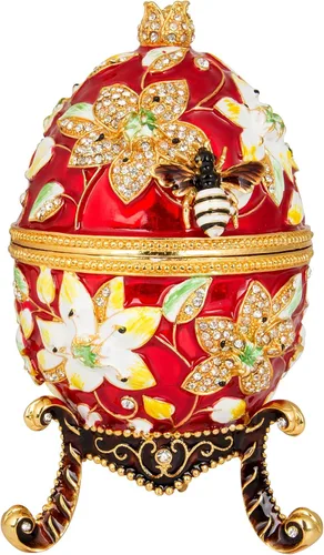 QIFU Huevo de Pascua: Extra grande de 7 pulgadas, pintado a mano, esmaltado decorativo con bisagras, joyero, regalo único para decoración y Rojo