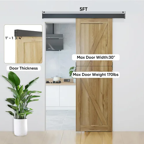 Miniatura 7 de JUBEST Kit de rieles de hardware para puerta corredera de granero de 5 pies, hardware de riel de caja de aleación de aluminio para puerta de madera