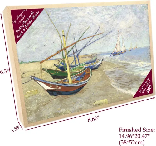 Miniatura 2 de Rompecabezas de madera de 500 piezas para adultos, pinturas famosas de Van Gogh, barcos de pesca en la playa en Les Saintes-Maries-de-la-Mer, Barcos