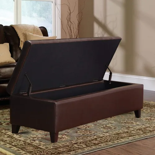 Miniatura 7 de Banco otomano rectangular copetudo de almacenamiento de cuero regenerado para mesa de centro para dormitorio, sala de estar (marrón)