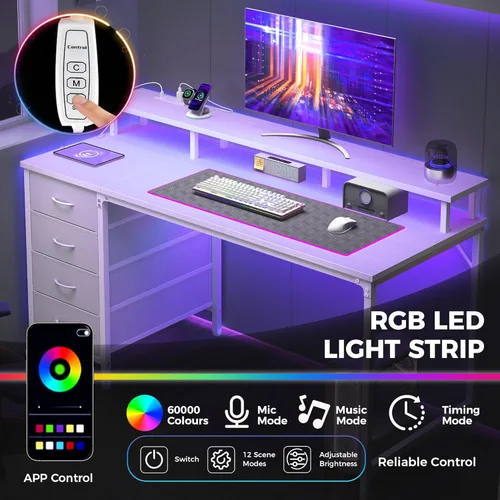 Miniatura 5 de DUMOS - Escritorio para computadora de 40 pulgadas con 4 cajones, escritorio para juegos con tomas de corriente y luces LED, estación de trabajo
