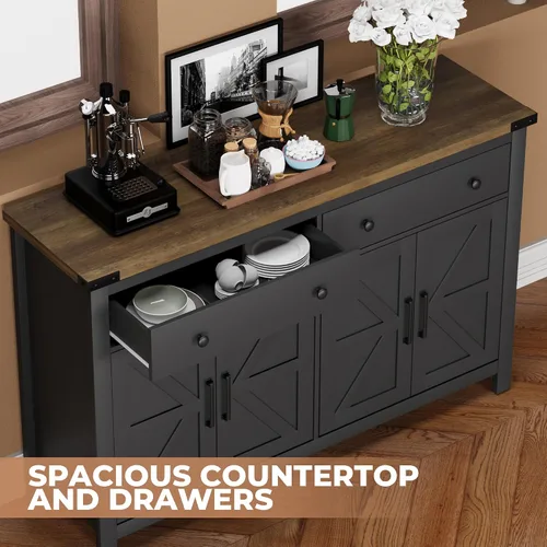 Miniatura 4 de VVFLU - Gabinete de aparador buffet de 55" con almacenamiento, gabinete de barra de café con 2 cajones y 4 puertas de granero, gabinete