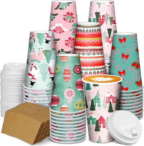 Miniatura 13 de Zhehao 90 piezas/30 juegos de tazas de café de papel navideñas con tapas y fundas, tazas de papel desechables para cacao caliente y fiestas