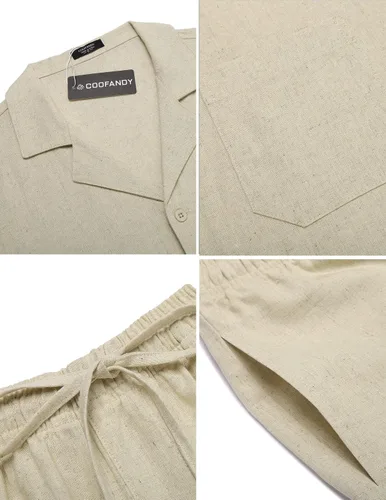Miniatura 5 de COOFANDY Camisas de lino para hombre, manga corta, con botones, para playa, hawaiana, juego de 2 piezas