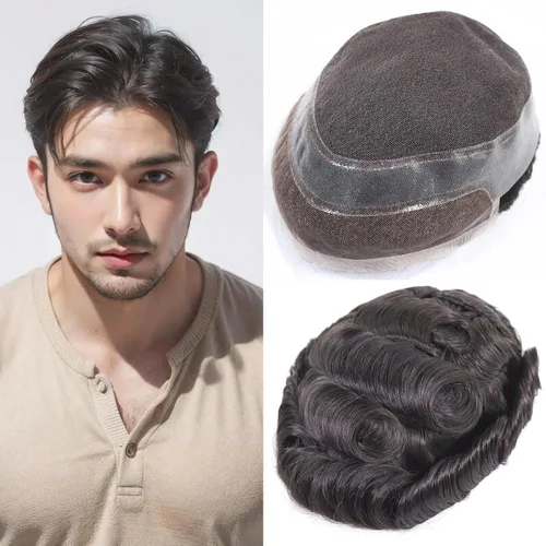 Miniatura 9 de HAPPY&CC Toupee - Sistema de reemplazo de cabello humano real para hombre, transpirable, piel fina, encaje suizo, densidad media de luz