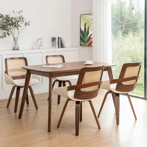 Miniatura 19 de Juego de 2 sillas de comedor de ratán verde, sillas de comedor modernas de mediados de siglo con marco de madera curvada de nogal, respaldo Nogal