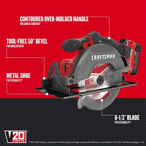 Miniatura 2 de CRAFTSMAN Kit de sierra circular inalámbrica V20, 6-1/2 pulgadas, batería y cargador incluidos (CMCS500M1)