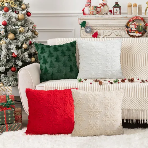 Miniatura 6 de Juego de 2 fundas de almohada decorativas de terciopelo de invierno con copos de nieve beige, 18 x 18 pulgadas, funda de cojín cuadrada