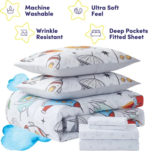 Miniatura 5 de Juego de ropa de cama para niños en una bolsa para niños y niñas, con juego de sábanas impresas y edredón, tamaño completo, flotando en el espacio