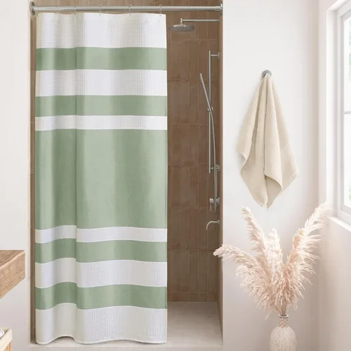 Miniatura 52 de Madison Park Cortina de ducha de tejido waffle con diseño a rayas en piezas, cortina de ducha de tela para baño con gestión de humedad 3M Rayas Taupe