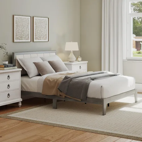 Miniatura 8 de HOMCOM Base de cama de tamaño matrimonial con cabecera tapizada, marco de cama de plataforma con listones de madera, no necesita somier, fácil