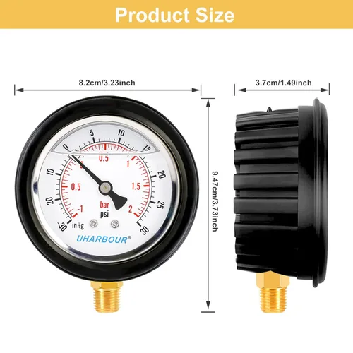 Miniatura 4 de Medidor de vacío de presión de 2-1/2 pulgadas con relleno de líquido -30 inhg/30 PSI, funda protectora de goma, montaje inferior de latón de 1/4