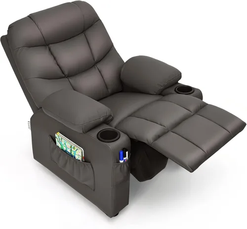 GLACER Silla reclinable para niños con portavasos y bolsillos laterales, reclinable para niños con respaldo cómodo, reposabrazos y reposapiés, Marrón