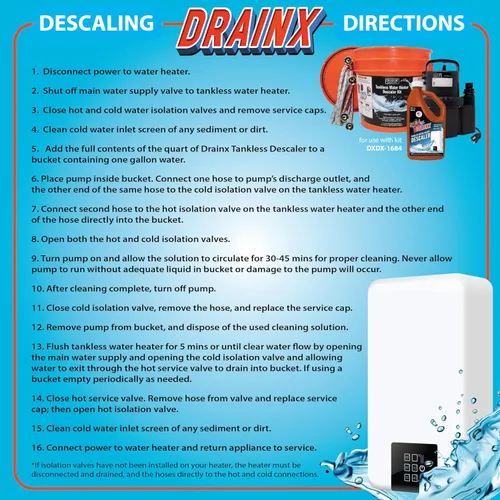 Miniatura 4 de DrainX Kit de lavado de calentador de agua sin tanque con solución descalcificadora líquida ecológica, mangueras de acero, bomba extra fuerte de 1/6