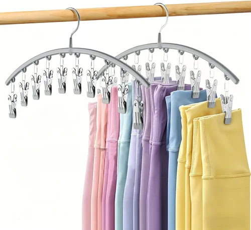 Volnamal Organizador de leggins para armario, colgador de pantalones de yoga de metal con revestimiento de goma, paquete de 2 con 10 clips que Gris