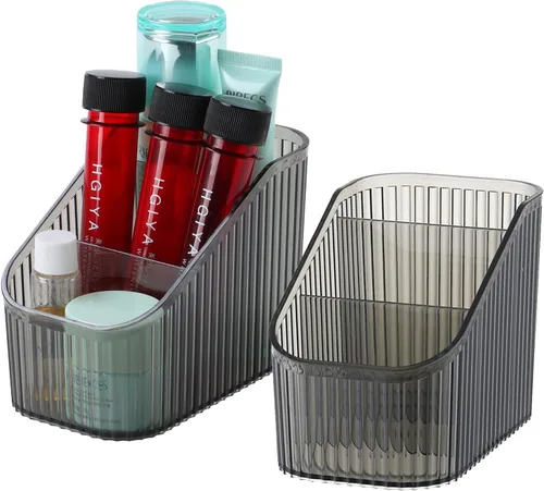 Miniatura 8 de Organizador de brochas de maquillaje ámbar para tocador, organizador de encimera de baño, 5 tazas, almacenamiento y exhibición de artículos