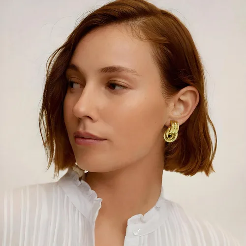 Miniatura 2 de Aretes gruesos de nudo dorado para mujer, aretes de eslabones largos con diseño geométrico de oro y plata
