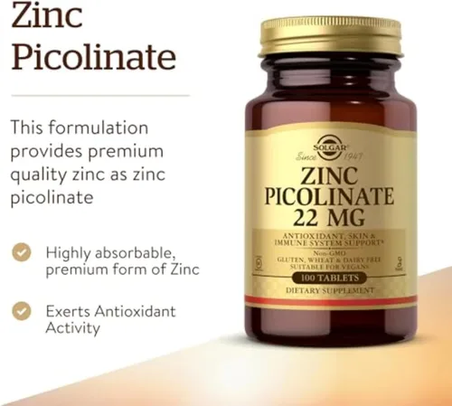 Miniatura 8 de Solgar Picolinato de zinc de 22 mg, 100 tabletas - Promueve una piel saludable - Apoya el sistema inmunológico, el sabor y la visión normales