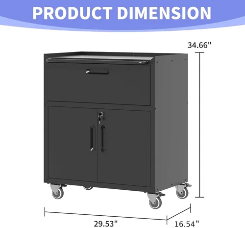 Miniatura 3 de Armario de almacenamiento de metal para garaje con ruedas, gabinete rodante con cerradura para herramientas con cajón y estantes, gabinete móvil