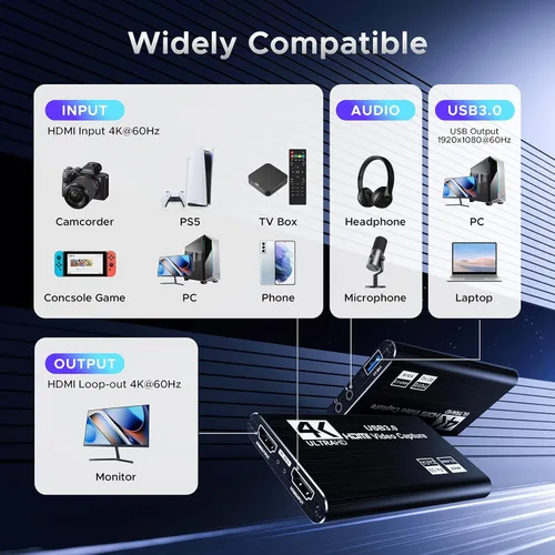 Miniatura 2 de XIIXMASK Tarjeta de captura de video, tarjeta de captura de audio y video, tarjeta de captura USB 3.0 4K HDMI Loop-Out, 1080P 60FPS/2K 30FPS captura