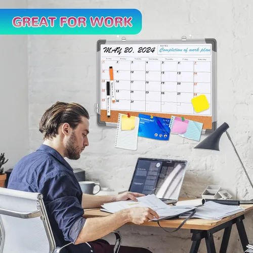 Miniatura 5 de Pizarra blanca de calendario mensual para pared, 24 x 18 pulgadas, pizarra de borrado en seco con tablero de corcho, pizarra blanca magnética, Blanco