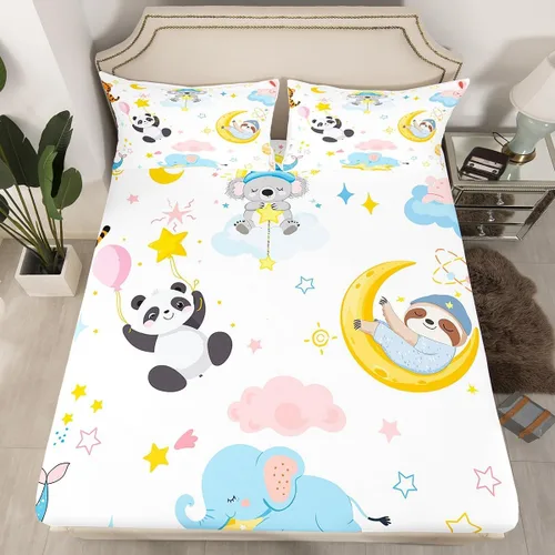 Miniatura 9 de Erosebridal Sábana bajera ajustable de tamaño individual para niños y niñas, diseño colorido de nube, estrellas, luna, lindo juego de ropa de cama
