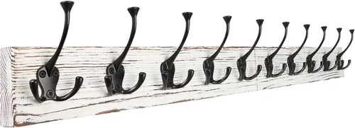 Miniatura 11 de IBosins Perchero de pared de 34'' con 10 ganchos tri-decorativos, colgador de abrigos de madera resistente, barra de ganchos rústicos para entrada