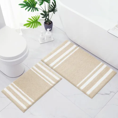 Miniatura 8 de HOMEIDEAS Juego de 2 alfombras de baño, a rayas, súper absorbentes, de microfibra suave, antideslizantes, lavables, para ducha y bañera (gris)