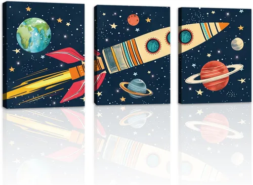 Miniatura 9 de KAIRNE Juego de 3 pinturas artísticas enmarcadas para habitación espacial de niños (12 x 16 pulgadas), imágenes de planetas, sistema solar, póster