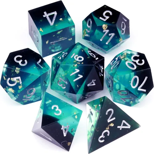 Miniatura 11 de Haxtec Juego de dados brillantes de borde afilado, dados DND de resina hechos a mano con inclusión de Mylar iridiscente, mezcla de color morado Azul