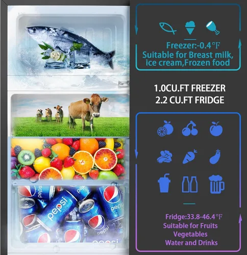 Miniatura 5 de HAILANG Mini refrigerador con congelador, refrigerador compacto de 3.2 pies cúbicos, mini refrigerador con 2 puertas para dormitorio, oficina