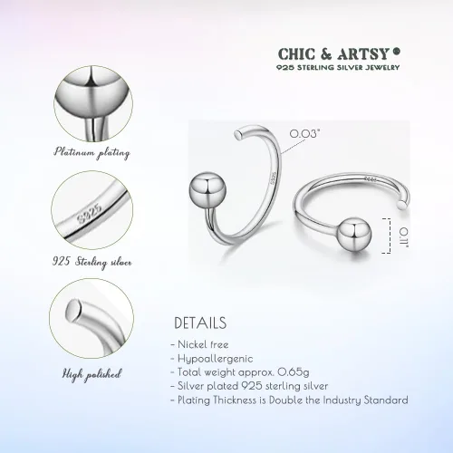 Miniatura 5 de CHIC & ARTSY Aretes de aro de plata de ley 925, pequeños aretes de aro de bola, barra, estrella, luna, corazón, cruz, punto, triángulo, medio aro