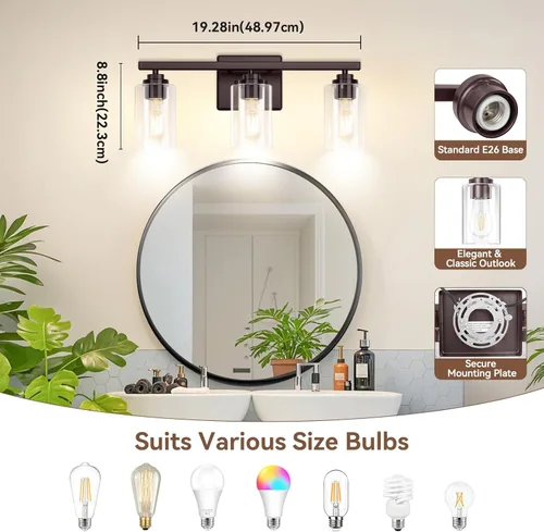 Miniatura 8 de Lámparas de baño de 3 luces, 19 pulgadas, modernas luces de tocador sobre espejo con pantallas de vidrio transparente, accesorio de luz marrón