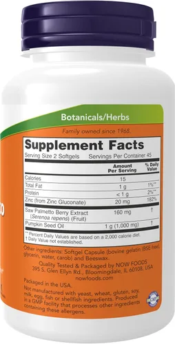 Miniatura 2 de NOW Suplementos Extracto de Saw Palmetto con Aceite de Semilla de Calabaza y Zinc, Salud de los Hombres*, 90 Cápsulas Blandas