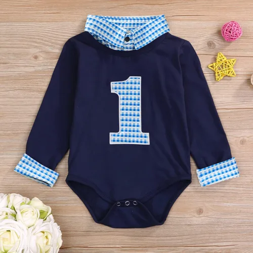 Miniatura 2 de Mameluco de manga larga para bebé niño, para primer cumpleaños, a cuadros, cuello alto