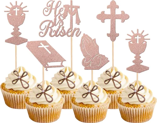 30 piezas de decoración para magdalenas de Pascua con purpurina de cruz religiosa He is resucitado para cupcakes de la Santa Biblia, Dios bendiga